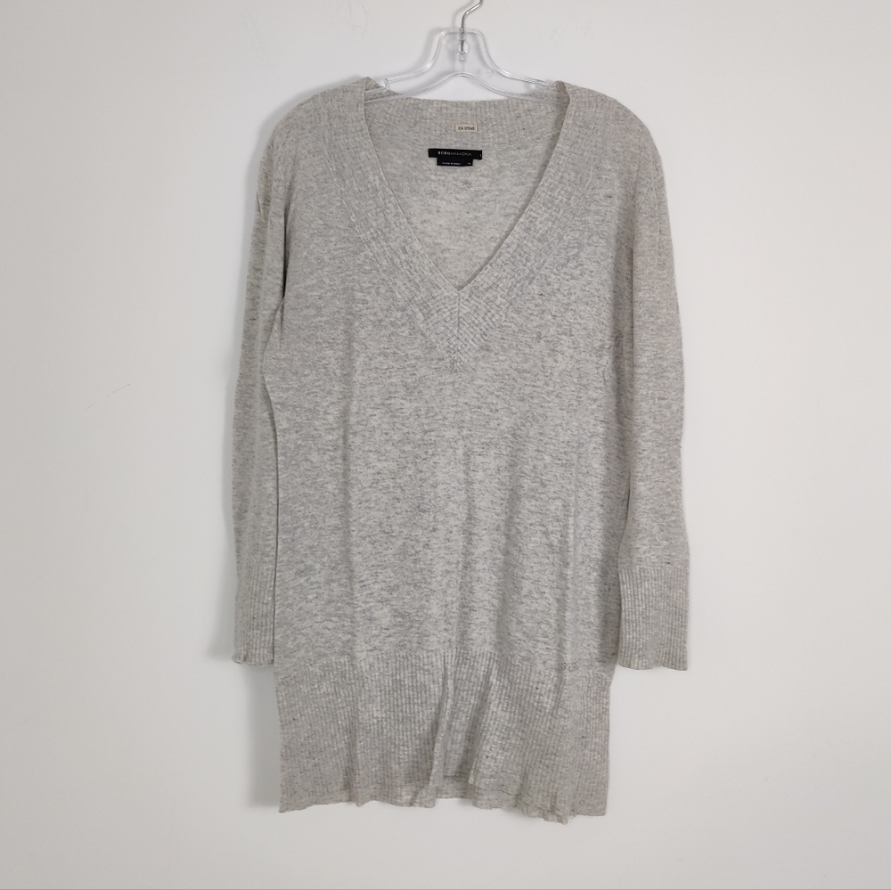 Bcbgmaxazria Women's Sweater Tunic Size XL Wool Angora V Neck Gray